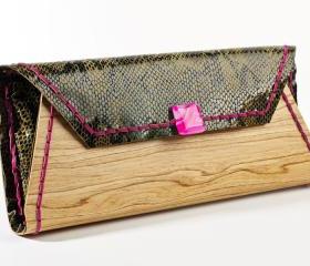 wood clutch snake pattern leather