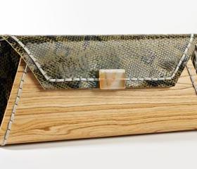 wood clutch snake pattern leather